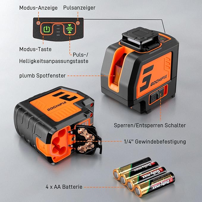 360° Laser Level with Tripod 5 Lines Laser Level 2 Plumb Dots Self Leveling Green Line Laser Level Tool for Construction, Floor Tile Included Target Plate, Battery, Carry Bag, Black + Orange