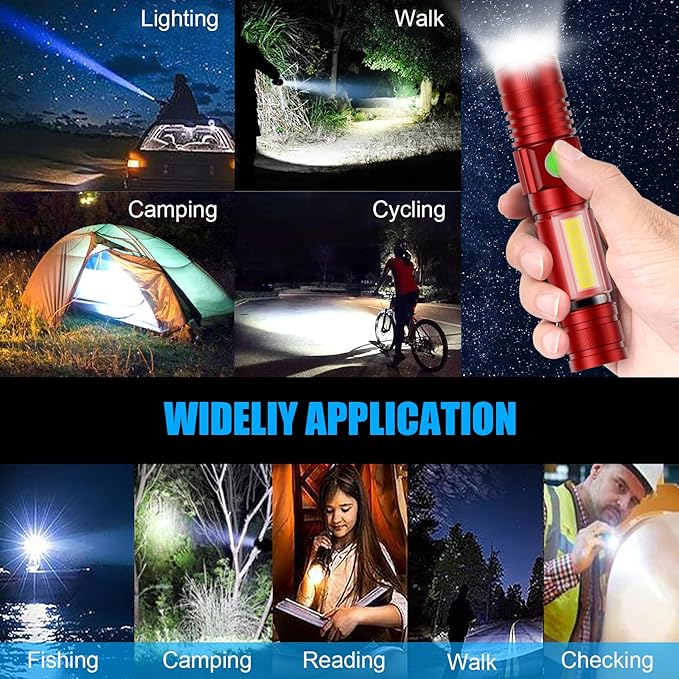 Hoxida Flashlight USB Rechargeable, Magnetic LED Flashlight, Super Bright LED Tactical Flashlight with Cob Sidelight, Waterproof, Zoomable Best Small LED Flashlight for Camping, Emergency -Red