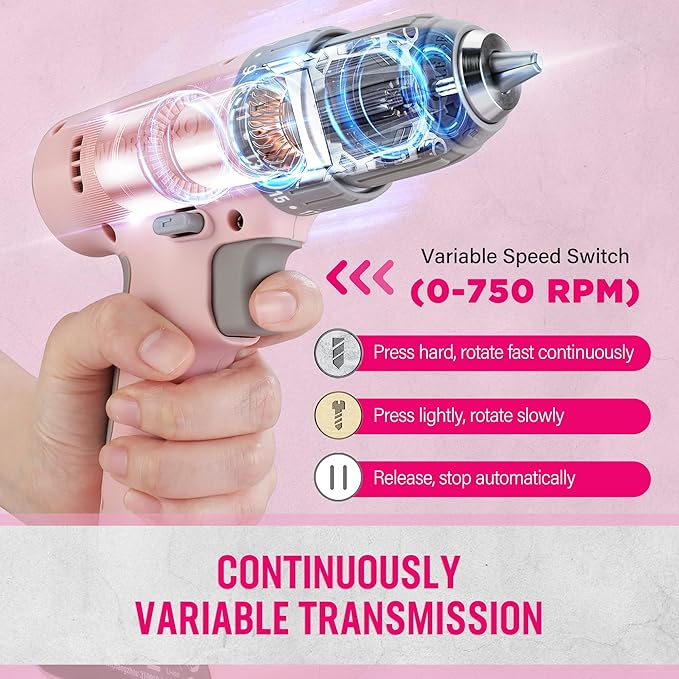 WORKPRO Pink Cordless Drill Driver Set, 12V Electric Power Drill Tool Kit with 6 Pcs Bits, 3/8-Inch Keyless Chuck, Variable Speed, 18 Touque Setting, Type-C Charge Cable, Led Light, Pink Ribbon