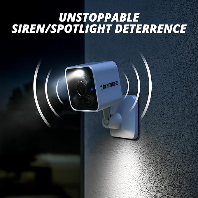Defender GO 2K AI Powered Plug-in Indoor/Outdoor Home, Business, Pet, Baby Camera, AI Detection, Gigaxtreme Next-Gen Dual Band Connection, Spotlight/Siren, Color Night Vision, 2-Way Talk, ClearVu App