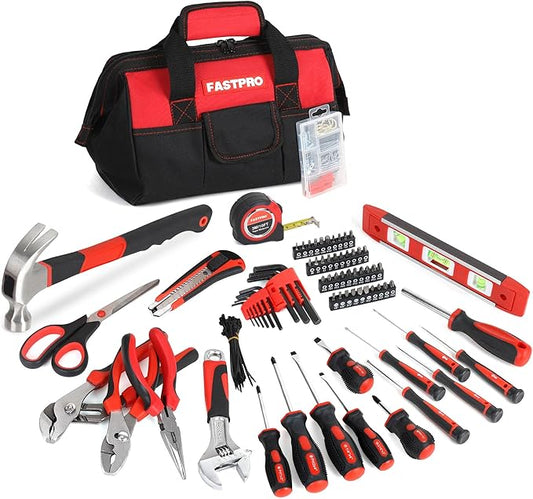 FASTPRO 220-Piece Home Tool Set, Household Repairing Tool Kit, with 12-Inch Wide Mouth Open Storage Tool Bag, Red