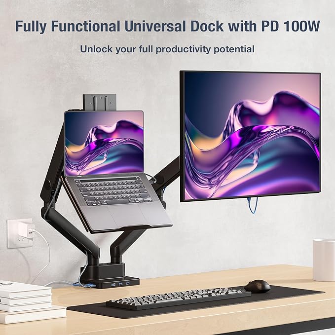 AVLT Dual 17”-38" Monitor Arm Desk Mount with 17" Laptop Tray and USB-C Docking Station, HDMI 4K60Hz, USB-A 5Gbps, Ethernet, 100W PD, Fits Two Flat/Curved Monitor - Black