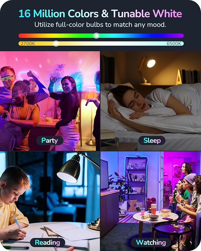 EDISHINE Matter Smart Light Bulbs, Smart Bulbs Work with Apple Home/Alexa/Google Home/SmartThings, RGBTW Color Changing Light Bulb Music Sync, 2.4GHz WiFi Bulb, 800LM Equivalent 60W, A19, E26, 4PCS