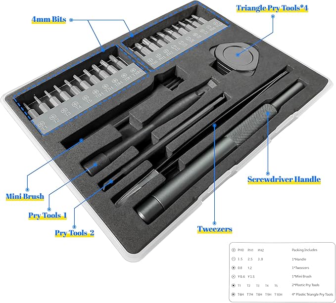 29 in 1 Electronics Precision Screwdriver Set, Professional Magnetic Repair Tool Kit with Stainless Steel Handle and 20 Bits