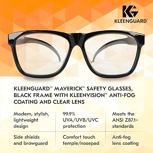 KLEENGUARD™ V30 Maverick™ Safety Glasses (56567), Clear Lenses with KleenVision™ Anti-Fog coating, Black Frame, Carrying Case, Eyewear for Men and Women
