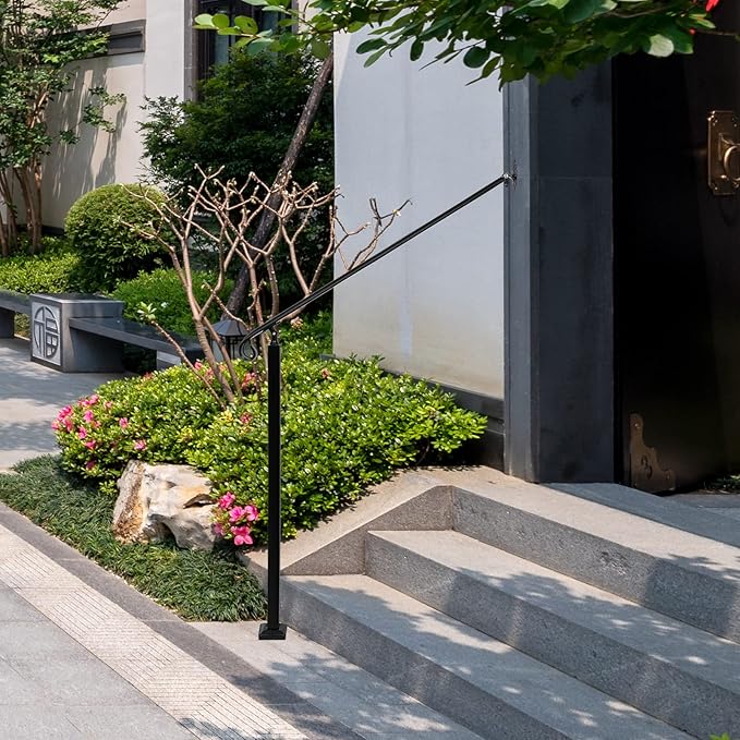 Adjustable Handrail 1-3 Step, Wall&Floor Mounted Wrought Iron Handrails, Handrails for Outdoor Steps, Stair Rail with Installation Kit Hand Rail, Black