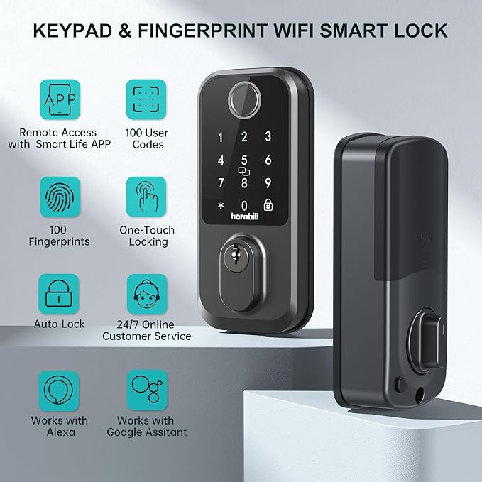 Keyless Entry Wi-Fi Smart Lock: Hornbill Fingerprint Lock for Exterior Doors, Biometric Smart Deadbolt Locks for Front Door, Keypad Deadbolt with Auto-Lock for Rentals Home, Matte Black