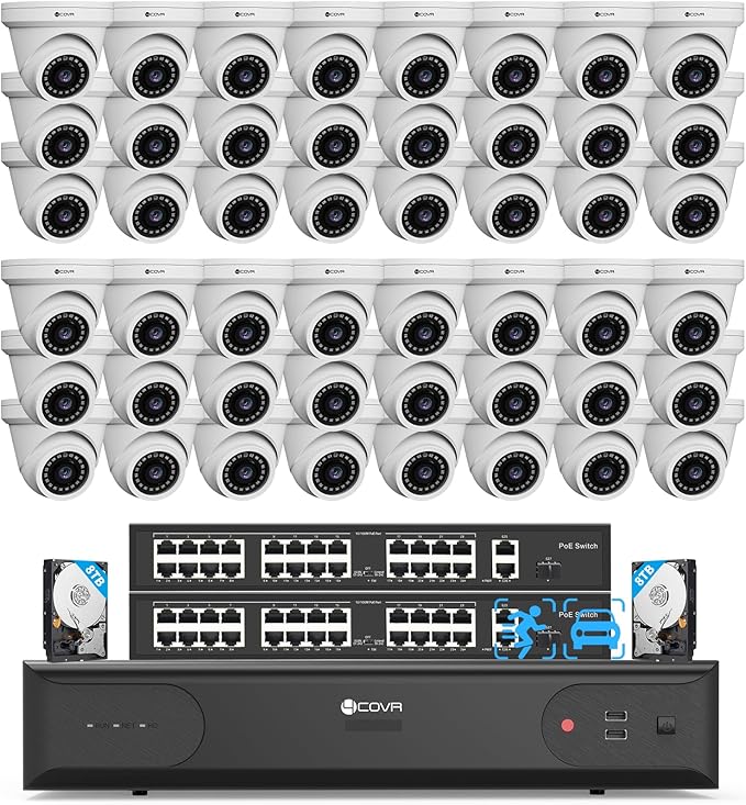 4COVR PoE 64 Channel Security Camera System & AI Human Vehicle Detection, UtraHD 8MP NVR 16TB HDD, 48Pcs 5MP Commercial Dome IP Camera IP67 Night Vision, 24/7 Business Surveillance, LY97AX5M6448