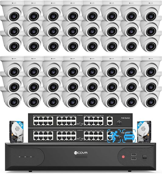 4COVR PoE 64 Channel Security Camera System & AI Human Vehicle Detection, UtraHD 8MP NVR 16TB HDD, 48Pcs 5MP Commercial Dome IP Camera IP67 Night Vision, 24/7 Business Surveillance, LY97AX5M6448