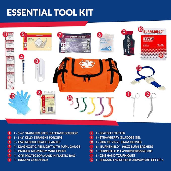 Fully Stocked Trauma First Aid Kit – First Responder II Bag with Tools, Gauze, Bandages, Scissors & Gloves – Compact & Portable – OSHA and ANSI Compliant – Orange