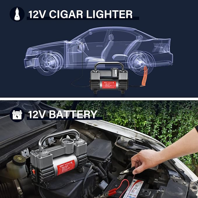 GSPSCN Tire Inflator Heavy Duty Double Cylinders, Portable Metal DC 12V Air Compressor - Car Accessories, 150PSI Tire Pump with Adapter for Car, Truck, SUV Tires, Dinghy, Air Bed etc (Titanium)