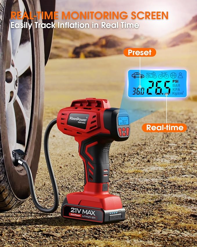 Digital Cordless Tire Inflator Portable Air Compressor Automatic 160PSI w/Gauge Screen & 4+N Smart Mode & Dual Power Supply, Rechargeable 21V Battery Powered Handheld Air Pump, Car Tire Pump