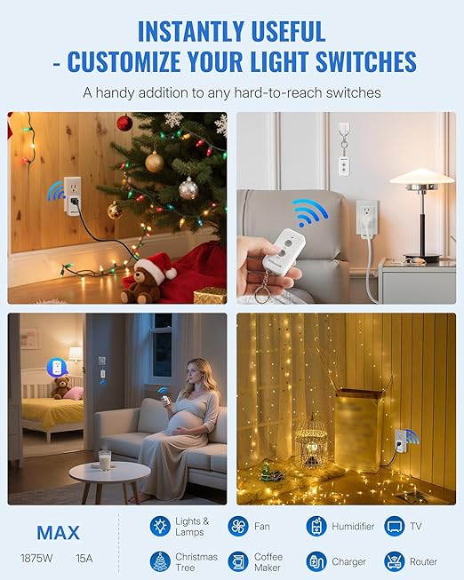 Remote Control Outlet Plug, WILAWELS Wireless Light Switch, On Off Remote Switch Outlet for Light, Lamp, Home Appliance, 100ft RF Range, 15A/1875W, FCC Listed, Two Switches for One 0utlet W02RC2106