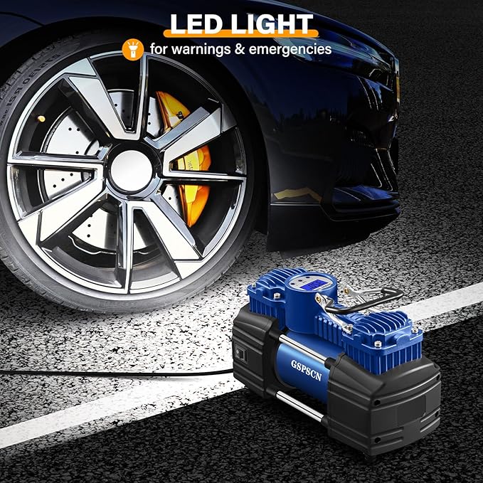 GSPSCN Portable Air Compressor Pump Tire Inflator with Digital Gauge, Heavy Duty Double Cylinder 12V Tire Pump 150 PSI with Tire Repair Kit and Toolbox for Auto,SUV,Off-Road,Truck,Bike (Blue)