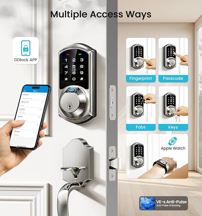 Veise VE07 Fingerprint Smart Door Lock, 7-in-1 Keyless Entry Deadbolt with App Control, Electronic Digital Touchscreen Keypad, Biometric Smart Locks for Front Door, Auto Lock, Satin Nickel