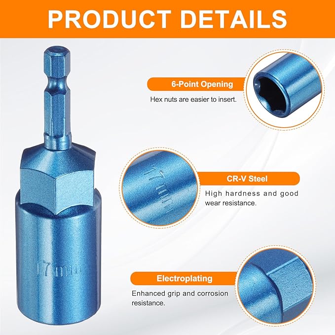 HARFINGTON Nut Driver 17mm Hex Drive Socket CR-V Steel Power Screw Drill Bits Socket Wrench Tools with 1/4" Quick Change Hex Shank for Power Drills Impact Drivers, Blue