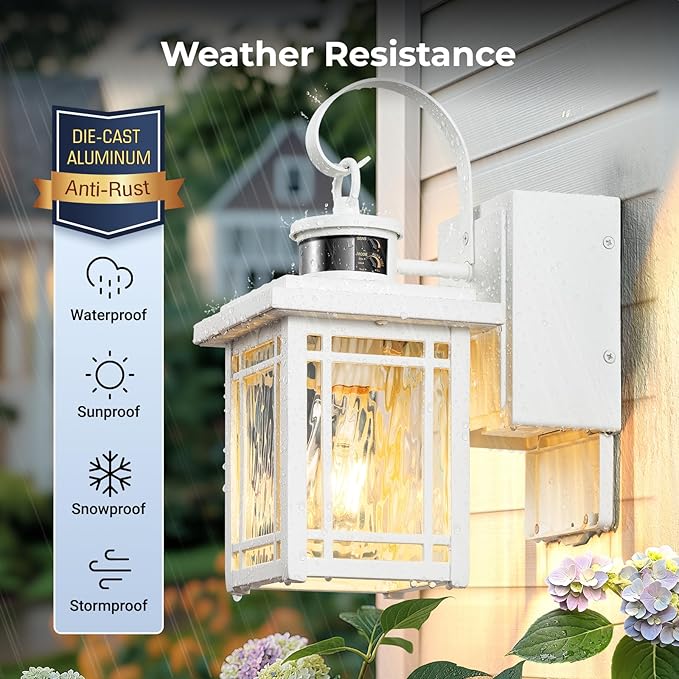 Outdoor Wall Light with GFCI Outlet, 2-Pack Motion Sensor Exterior Lighting Fixtures Wall Mount, White Front Porch Lantern Wall Sconce, Outdoor Garage Lights with Adjustable Sense Range