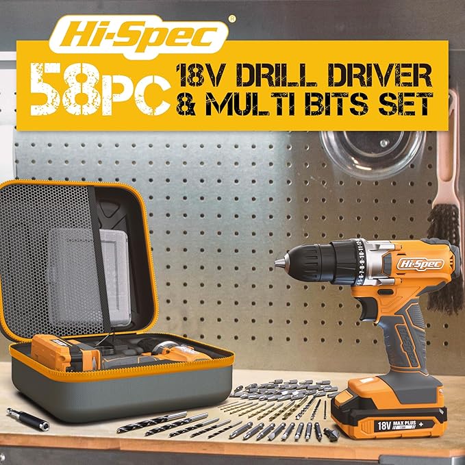 Hi-Spec 58pc 18V Electric Cordless Power Drill Driver. Includes Rechargeable Battery, Power Screwdriver Bits, Wood, Metal, and Masonry Drill Bit Set Accessories. In a Compact Case