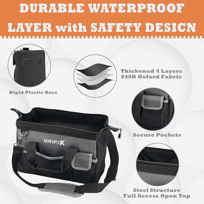 14-inch Tool Bag, Portable Tool Box Organizer Storage, Wide Mouth Tool Tote Bag with Large Zipper, 14-Pocket Adjustable Shoulder Strap and Ergonomic Handle (14" Standard Base)