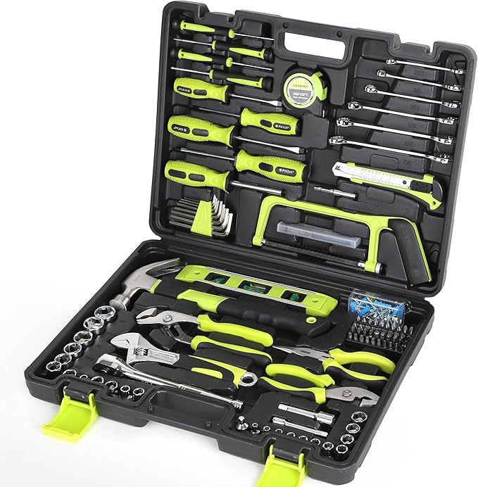 FASTPRO 198-Piece Household Tool Set, Home Repairing Tool Set with Toolbox, SAE Mechanics Hand Tool Kit for DIY, Home Maintenance, Green
