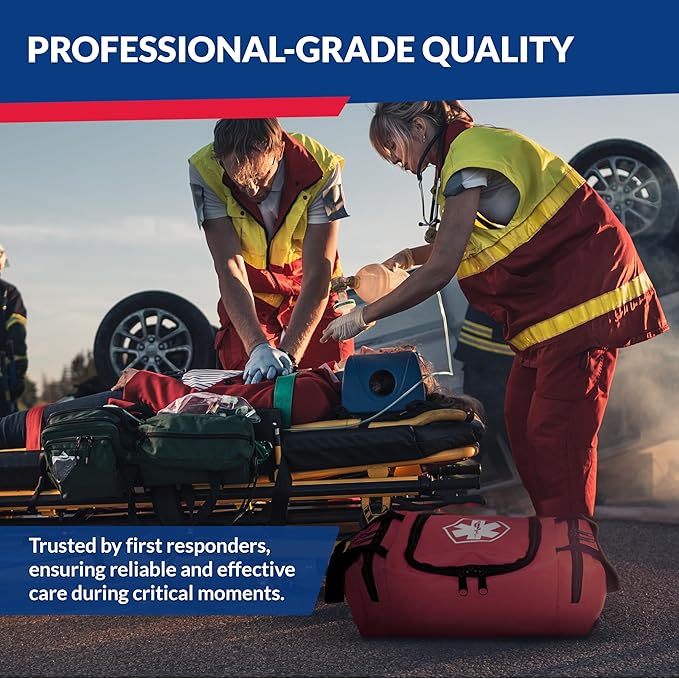 Fully Stocked Trauma First Aid Kit – First Responder II Bag with Tools, Gauze, Bandages, Scissors & Gloves – Compact & Portable – OSHA and ANSI Compliant – Red