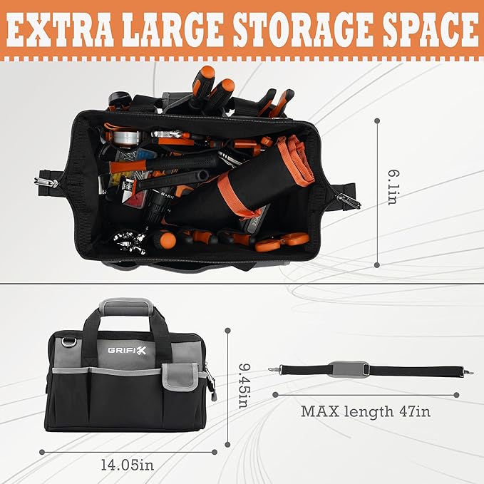 14-inch Tool Bag, Portable Tool Box Organizer Storage, Wide Mouth Tool Tote Bag with Large Zipper, 14-Pocket Adjustable Shoulder Strap and Ergonomic Handle (14" Standard Base)