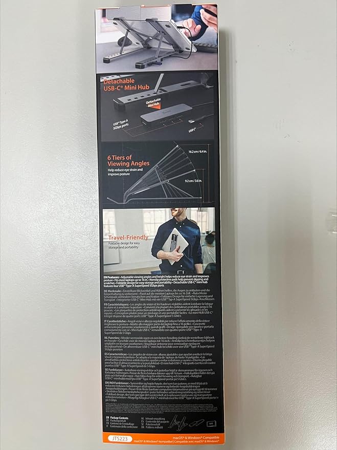 j5create Portable Aluminum Laptop Stand with USB 4-Port Hub, Foldable and Adjustable Notebook Riser with 4 USB-A Ports for MacBook, Laptop, and Tablet up to 16" (JTS223)