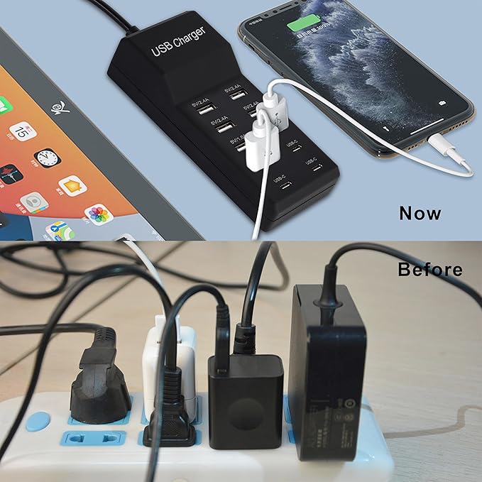 USB Charger, Charging Station with 10-Port for Phones, Watch,Tablets, Smartphones (Black, 6 USB-A & 4 USB-C)