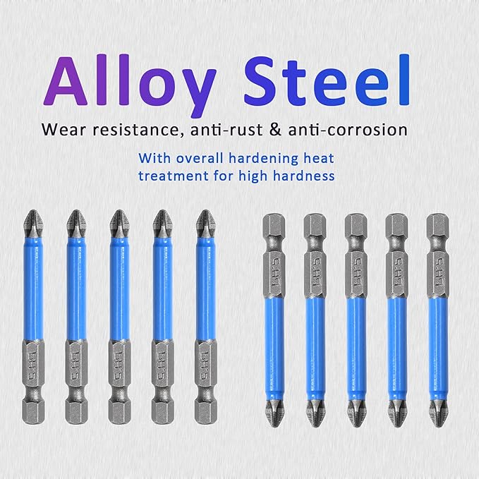 10 Pcs Magnetic Phillips Screwdriver Bit Set 2.56 inch Long, PH2 Phillips Bits Set, Non-Slip Cross Head Electric Screwdriver Bits Set 1/4" Hex Shank (PH2, 65mm)
