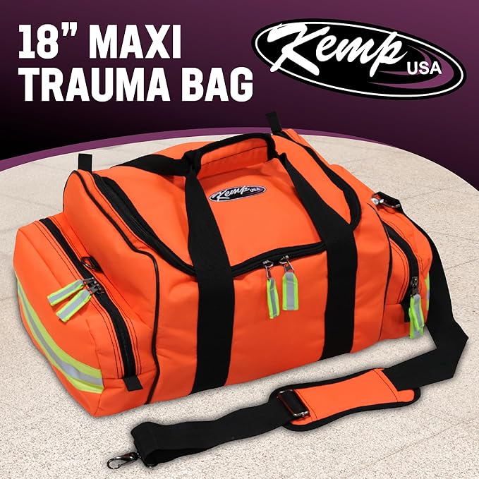 Kemp USA Maxi Trauma Bag - Large First Aid Kit for EMT First Responders - Water Resistant 600D Nylon - Buckle Closure with Adjustable Strap & Reflective Trim - Orange