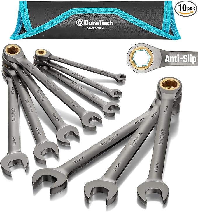 DURATECH Anti-Slip Ratcheting Wrench Set, Combination Wrench Set, 10-Piece, Metric 6-18mm, 72-Tooth, Nickel Plating, CR-V Steel, with Pouch