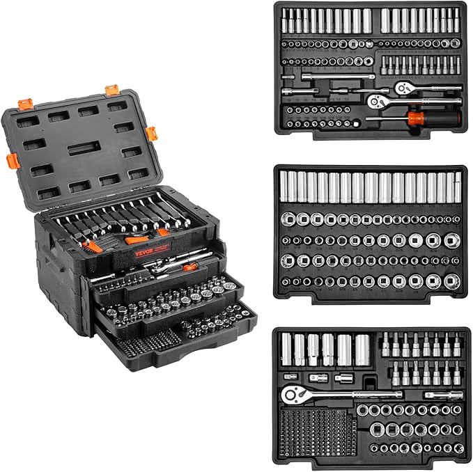 VEVOR Mechanics Tool Set and Socket Set, 1/4" 3/8" 1/2" Drive Deep and Standard Sockets, 450 Pcs SAE and Metric Mechanic Tool Kit with Bits, Combination Wrench, Hex Wrenches, Accessories, Storage Case