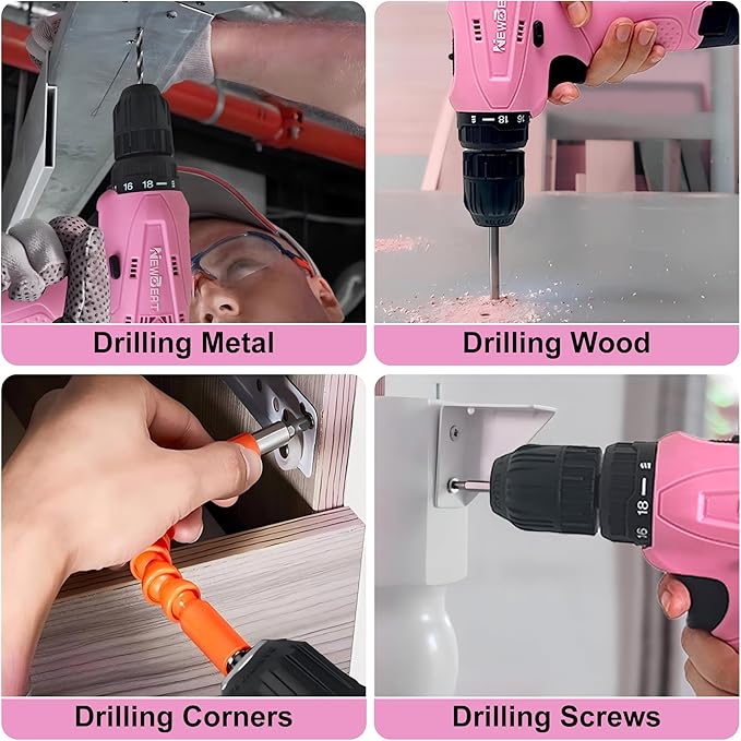 NEWBEAT Pink Cordless Drill Set - 12V Power Drill Cordless with Battery and Charger for Home Improvement, 3/8" Keyless Chuck, 2 Variable Speed, Electric Power Tools for Women DIY