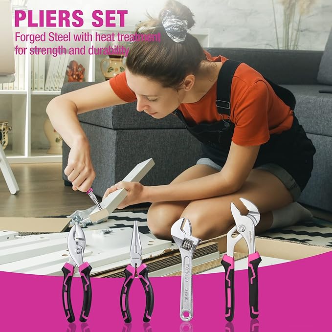 ValueMax Home Tool Kit with Cordless Lithium-ion Drill, 237-Piece Pink Tool Set, Power Tool Set with Wide Mouth Open Storage Bag, Basic Drill Sets Combo Kit for DIY and Daily Repair