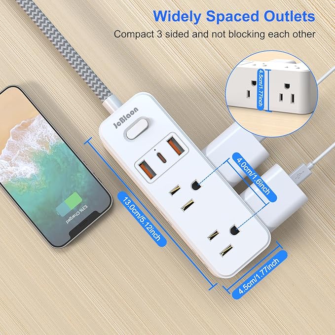 Power Strip Surge Protector, 5Ft Flat Plug Extension Cord with Multiple Outlets, 6 Outlets with 3 USB Ports(1 USB C), 3-Side Outlet Extender, Wall Mount, Compact for Travel, Home, College Dorm Room