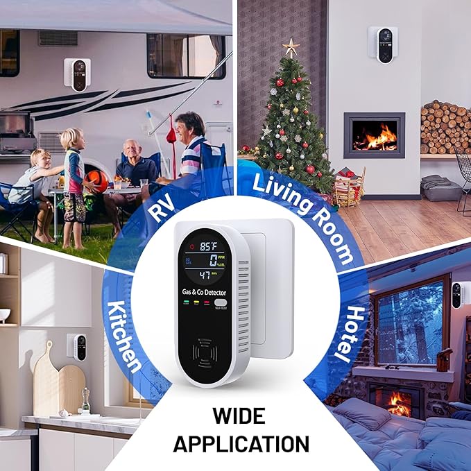 2 Pack Carbon Monoxide Detectors Plug in, 4-in-1 Combustible Gas Detector & Carbon Monoxide Monitor with Temperature & Humidity Display, Compact CO Detector for Home, RV & Travel Safety