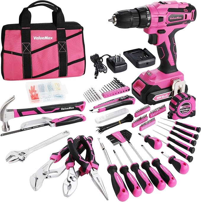 ValueMax Home Tool Kit with Cordless Lithium-ion Drill, 237-Piece Pink Tool Set, Power Tool Set with Wide Mouth Open Storage Bag, Basic Drill Sets Combo Kit for DIY and Daily Repair