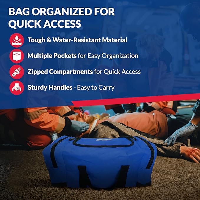 Fully Stocked Trauma First Aid Kit – First Responder II Bag with Tools, Gauze, Bandages, Scissors & Gloves – Compact & Portable – OSHA and ANSI Compliant – Blue