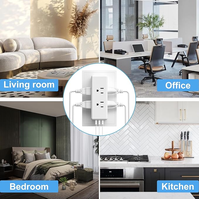 Multi Plug Outlet Extender with 6 Outlets & 3 USB Ports - MKSENSE Surge Protector Outlet Rotating Plug Adapter, 3-Sided Spaced Design for Home Office Travel (White)