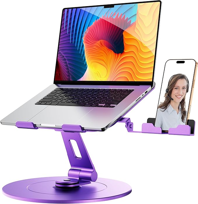 Laptop Stand with Phone Holder, Adjustable Laptop Stand with 360 Rotating Base, Aluminum Computer Mount Holder, Ergonomics Laptop Riser for Desk, Fits MacBook, up to 17.3" All Notebooks Purple