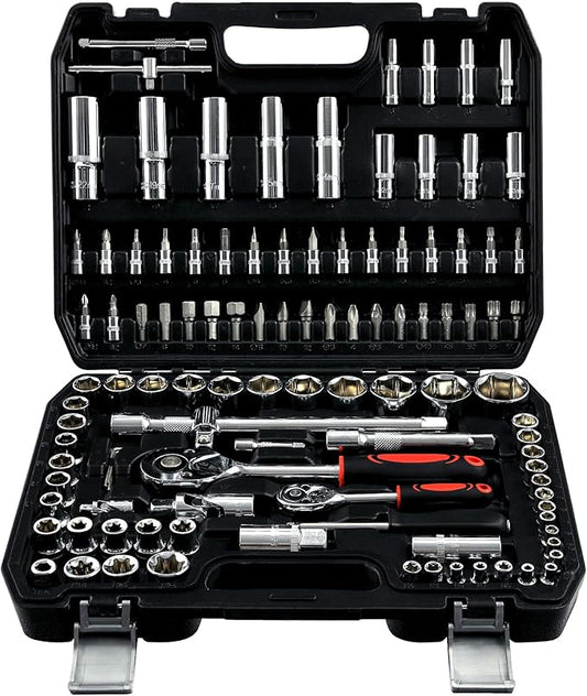 108 Piece Mechanics Tool Set Metric And Standard 1/4" & 1/2" Socket Set, Ratchet Set, Universal Joint, Extension Bars, Quick Release Reversible Ratchet Wrench, Plastic Toolbox Storage