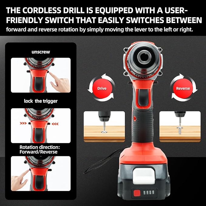 DOGTOOTH 21V MAX Cordless Drill, 1* Battery and Charger, Compatible with Makita 18V Battery, 2 Variable Speed Max 1350 RPM, Build-in LED, 23 Bits, Storage Bag - Red