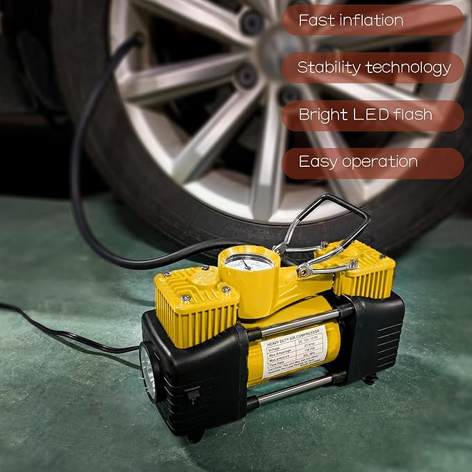 YUNGTEE Yellow Tire Inflator Heavy Duty Double Cylinders Direct Drive Inflation Pump,12V Portable Air Compressor Pump with Emergency LED Light - 150PSI Tire Pump,Apply to Car,Suv,RV