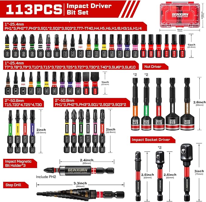 113Pcs Impact Screwdriver Bits Set, Magnetic S2 Steel 1”/2”Phillips/Square/Torx/Slotted/Security Torx/Hex Bits Tips,Impact Bit Holder and Nut Driver and Socket Adapter with Storage Box Case