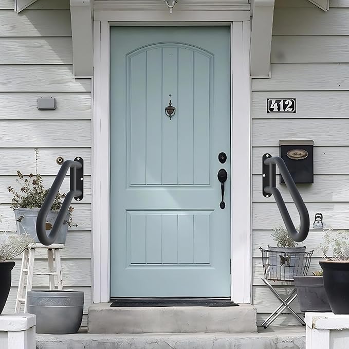 Hand Rails for Outdoor Steps, Exterior Steps Handrails, Wrought Iron Heavy-Duty Stair Railing, 26" U-Shaped Rail for Garage, Porch, Deck, and Garden (Upgrade)