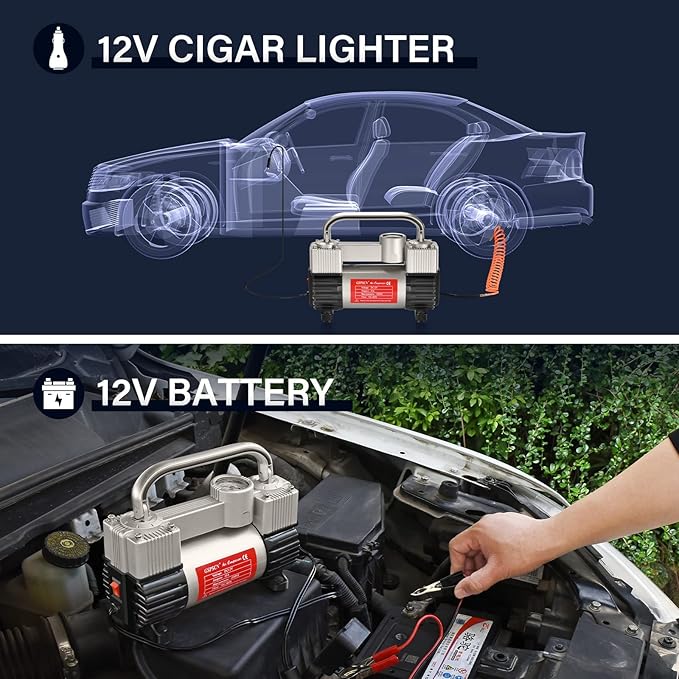 GSPSCN Silver Tire Inflator Heavy Duty Double Cylinders with Portable Bag- Car Accessories,Metal 12V Air Compressor Pump 150PSI with Adapter for Car, Truck, SUV Tires, Dinghy, Air Bed etc