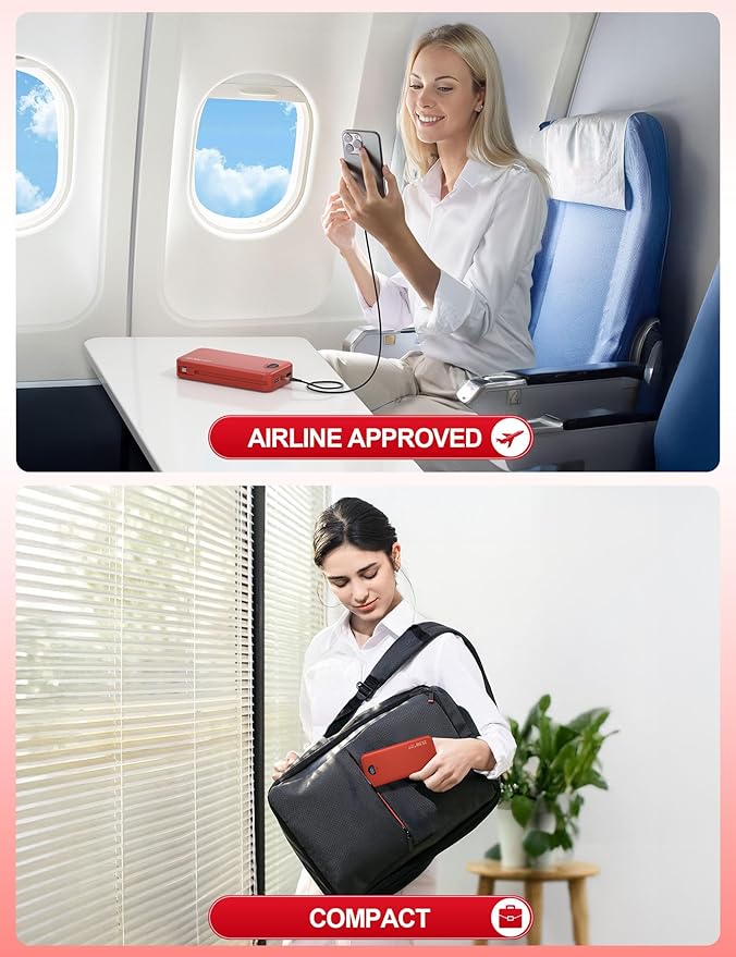 Portable Power Bank, 20000mAh 22.5W USB C Fast Charging Power Bank with Built-in Cable & Wall Plug, External Battery Pack with LED Display, Travel Essential Phone Charger for iPhone, iPad, Samsung Red