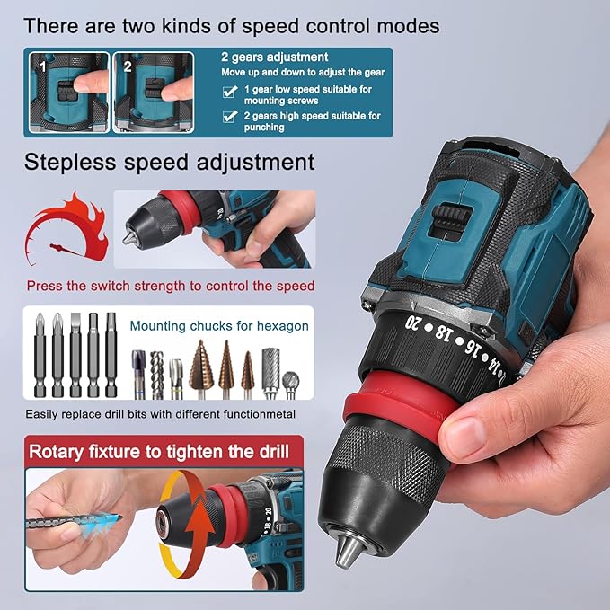 18V 2in1 Lithium Drill, Electric Screwdriver 45Nm Torque Brushless Motor Screw Driver with 2pcs Chargeable Battery Power Tool for Home Furniture Installation Automotive Electronics Repairing