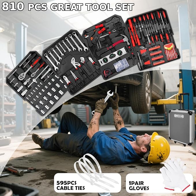 810 Pcs Tool Set Case Mechanics Kit Box Organize Castors Toolbox Trolley + Free Glove