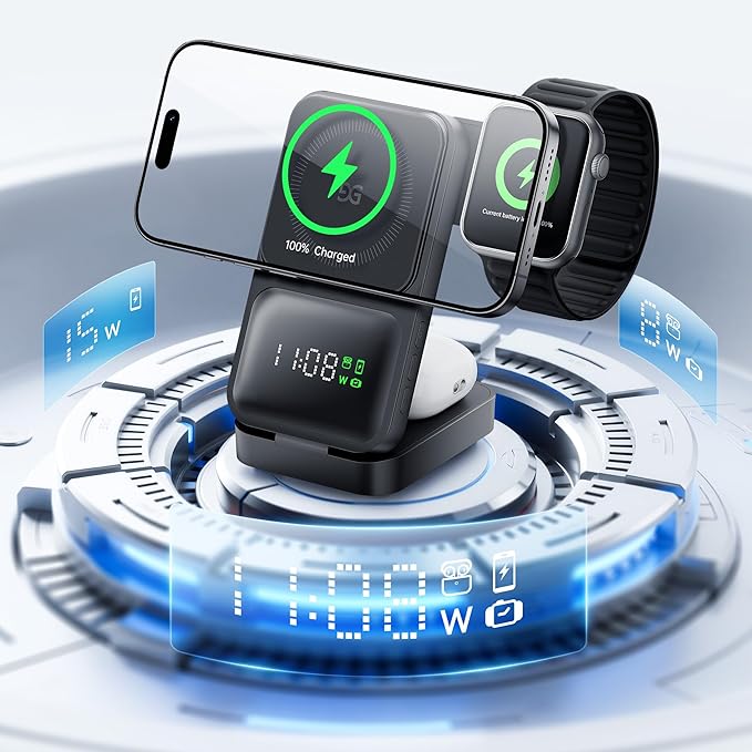 GUSGU 3 in 1 Wireless Charging Station with Real-Time Power and Time Display, Foldable Charging Stand, Compatible with iPhone 17/Air/16/15/14/13/, Apple Watch Series 11/SE3/ Ultra 3, AirPods Pro 3